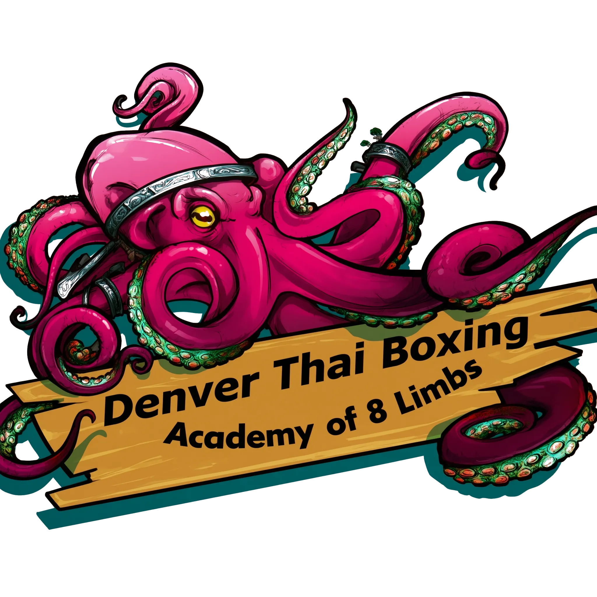 The Denver Thai Boxing octopus: a pink octopus in a Muay Thai headband, over a banner reading Denver Thai Boxing, Academy of 8 Limbs